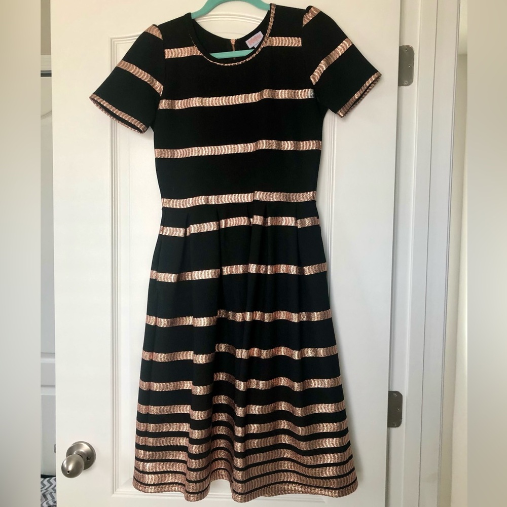 LuLaRoe Black Dress with Gold Stripes